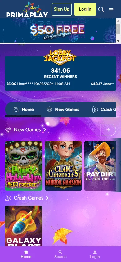 Prima Play Casino games area on a mobile device