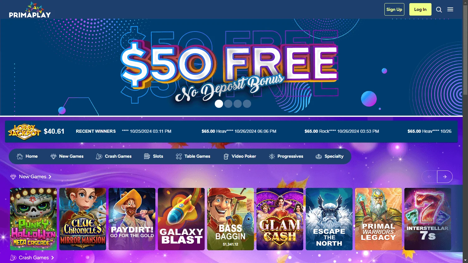 Prima Play Casino games area on desktop