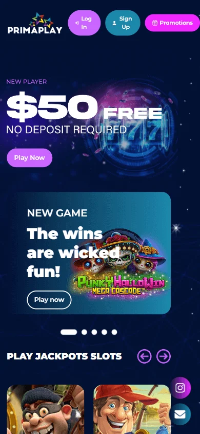 Prima Play Casino home on a mobile device