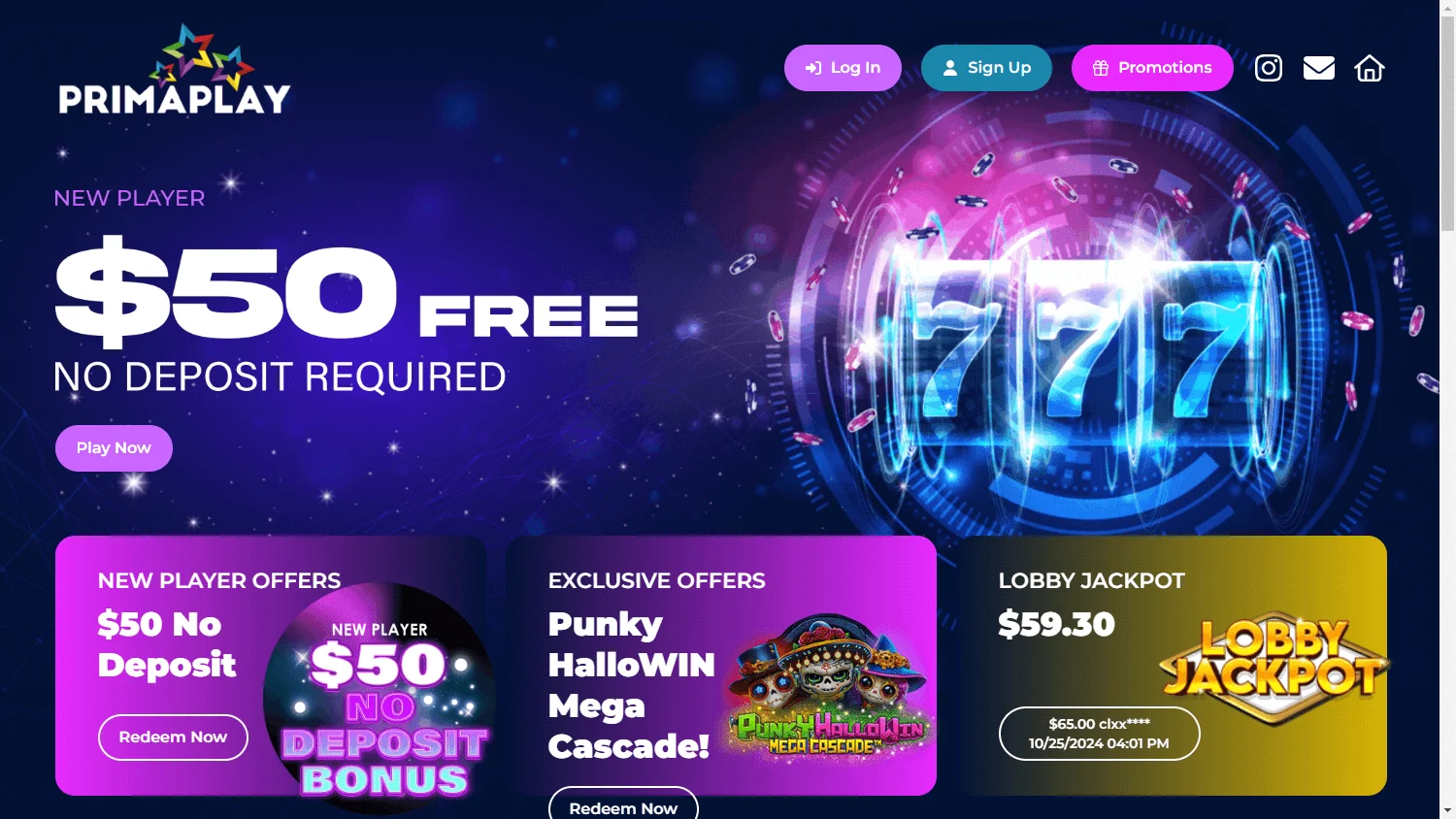 Prima Play Casino home on desktop