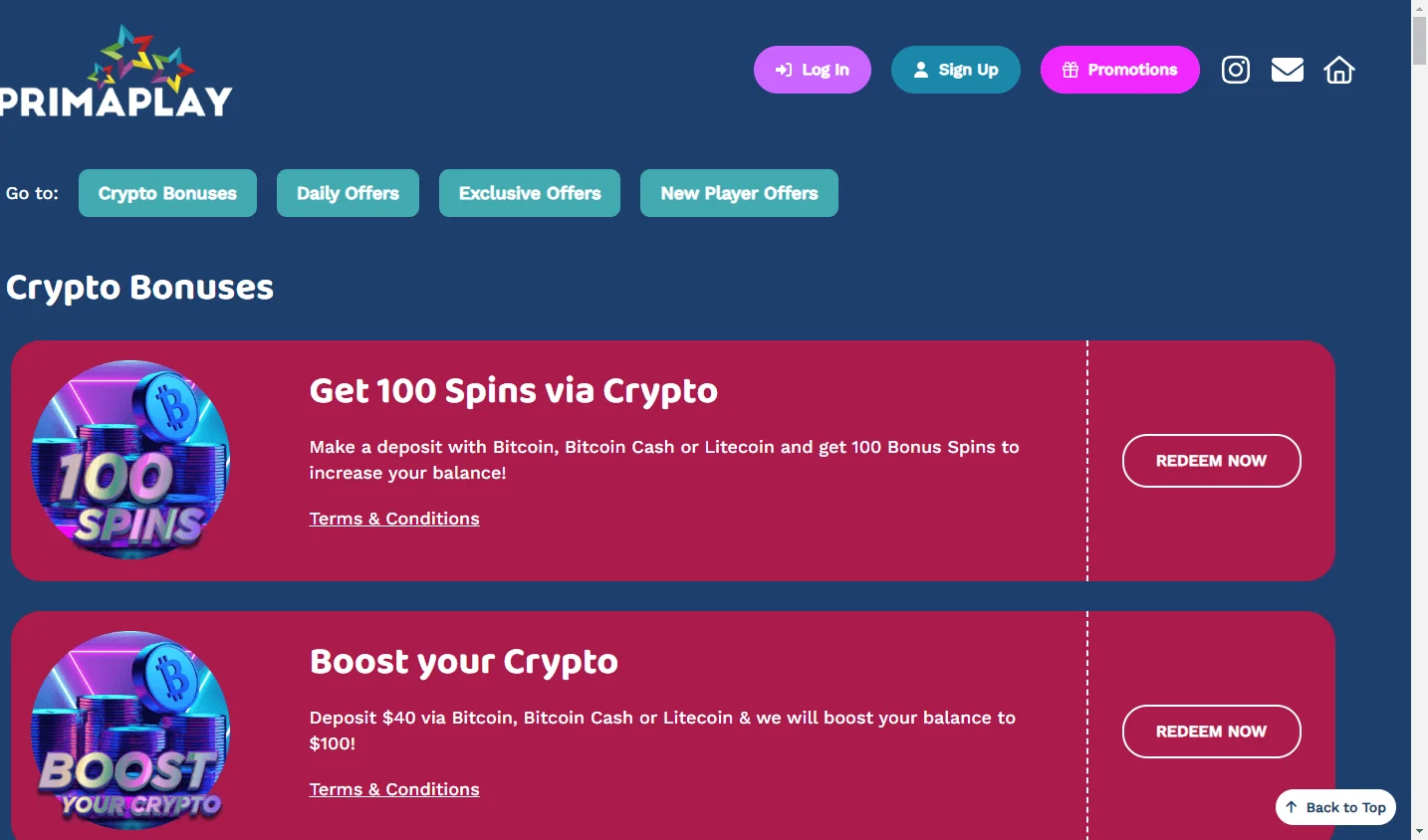 Prima Play Casino promotions area on desktop