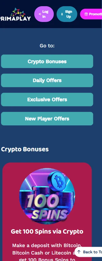 Prima Play Casino promotions area on a mobile device